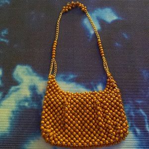 Vintage Wooden beaded mini bag/ baguette with gold drop chain